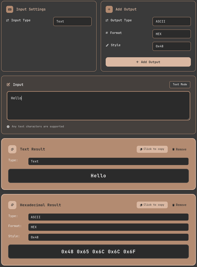 Text input screen in the ASCII conversion tool. Output Result window with Text Result and Hexadecimal Result added. 'Hello' entered in input field, and each Result output window displays respective results