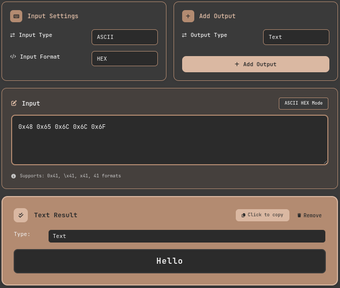 ASCII input screen of the ASCII conversion tool. HEX selected in Input Format. '0x48 0x65 0x6C 0x6C 0x6F' entered in ASCII Codes input field, and 'Hello' displayed in Text Result output field below. Supported format guidance text displayed below input field