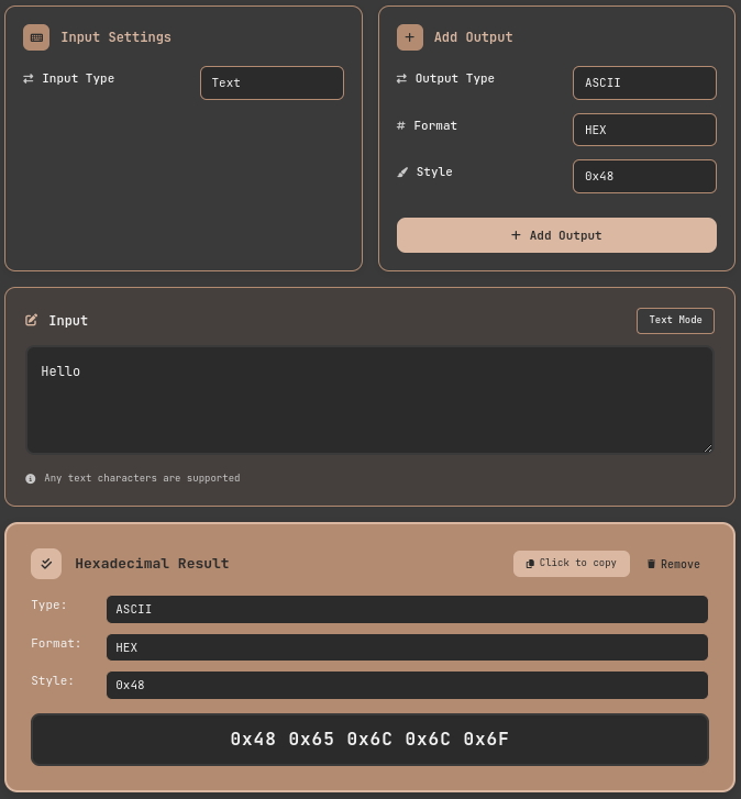 Text input screen in the ASCII conversion tool. HEX selected in Output Format dropdown, 0x48 format selected and added in Hex Style. 'Hello' entered in Text input field, and '0x48 0x65 0x6C 0x6C 0x6F' displayed in the Hexadecimal output field below