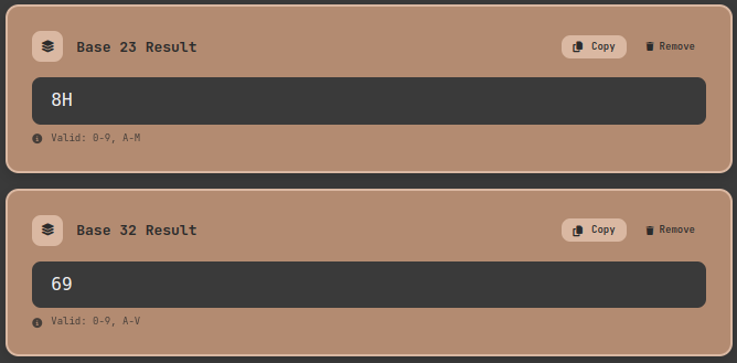 Number Base Converter interface showing custom base addition feature with Base 23 and Base 32 example