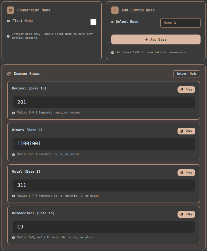 Number Base Converter tool interface showing input fields for Binary, Octal, Decimal, and Hexadecimal