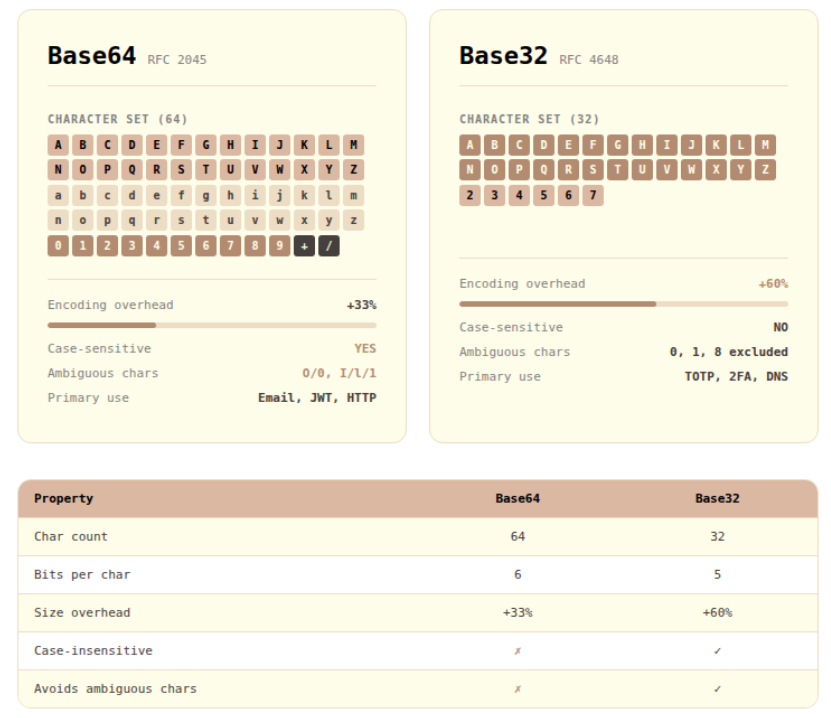 Comparison diagram of Base64 (64 characters, 33% overhead) vs Base32 (32 characters, 60% overhead), highlighting character sets and key properties