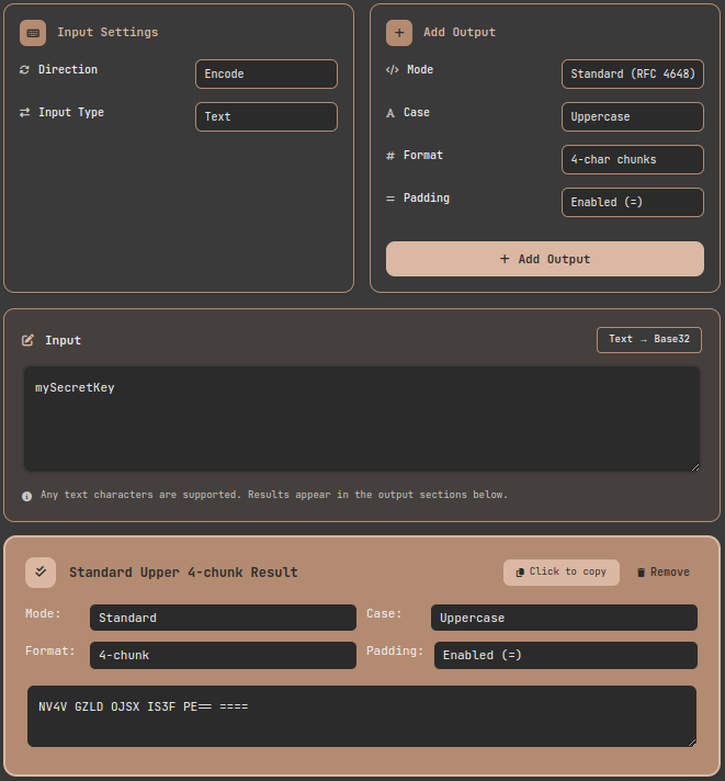 Base32 encoder tool screen showing a TOTP secret key being encoded in Standard Base32 with 4-char chunk formatting