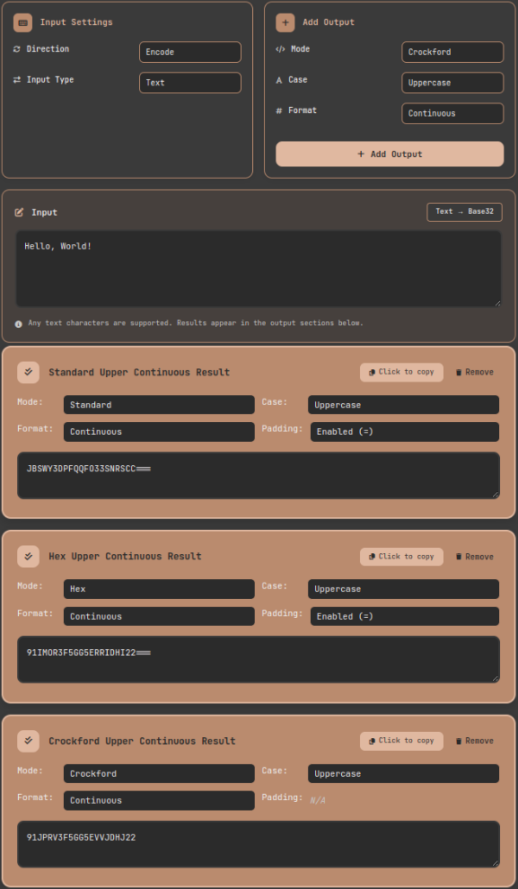 Base32 tool screen comparing simultaneous output of Standard, Hex, and Crockford variants for the same input 'Hello, World!'