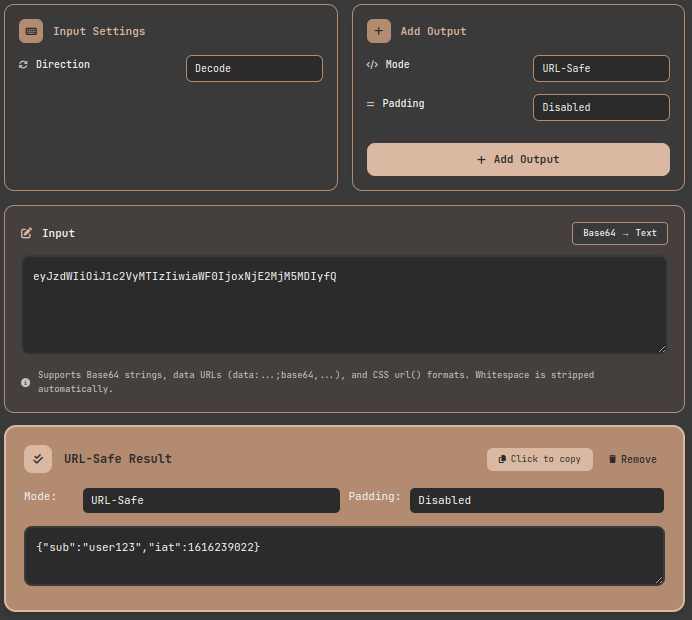 Base64 decoder tool showing a JWT payload decoded in URL-Safe mode, revealing the JSON claims inside