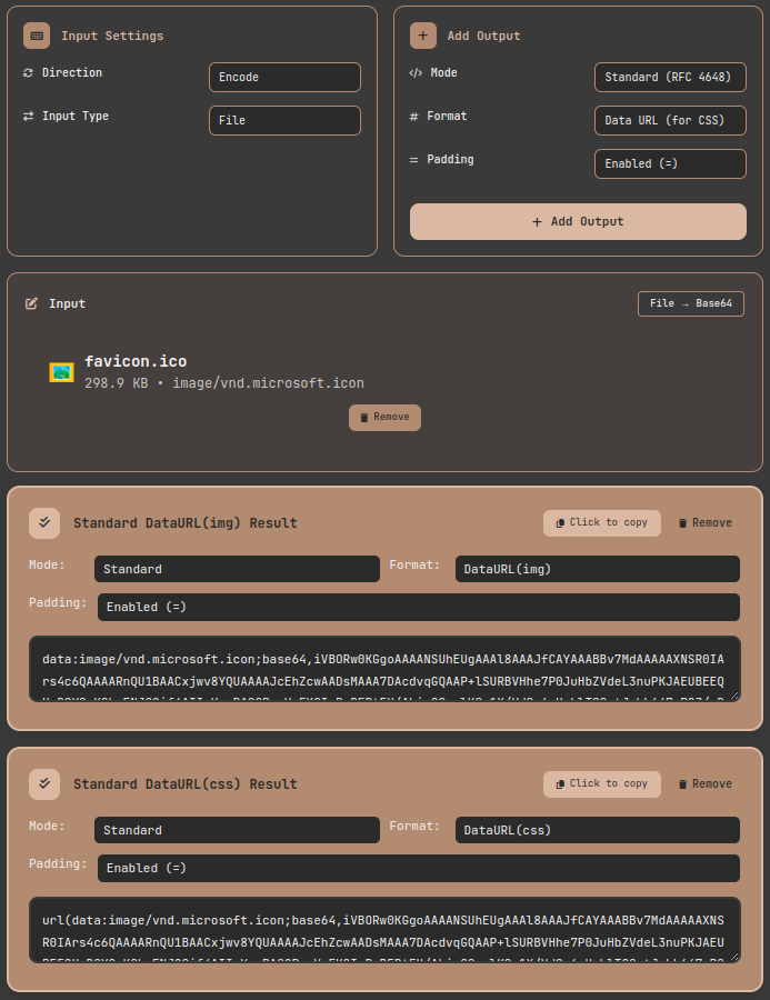 Base64 encoder tool showing a PNG image file uploaded and converted to a Data URL for use in an HTML img tag, with file info and result string displayed