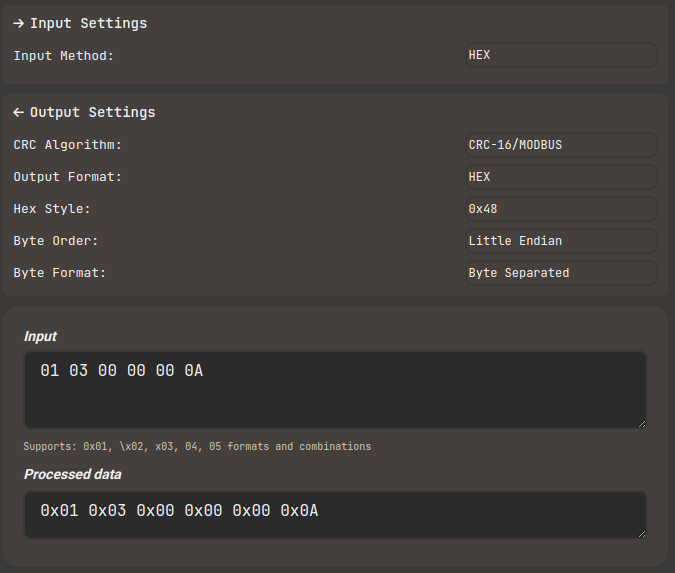 CRC calculation tool interface with HEX input mode selected and a MODBUS RTU request frame entered for checksum computation in Computools.