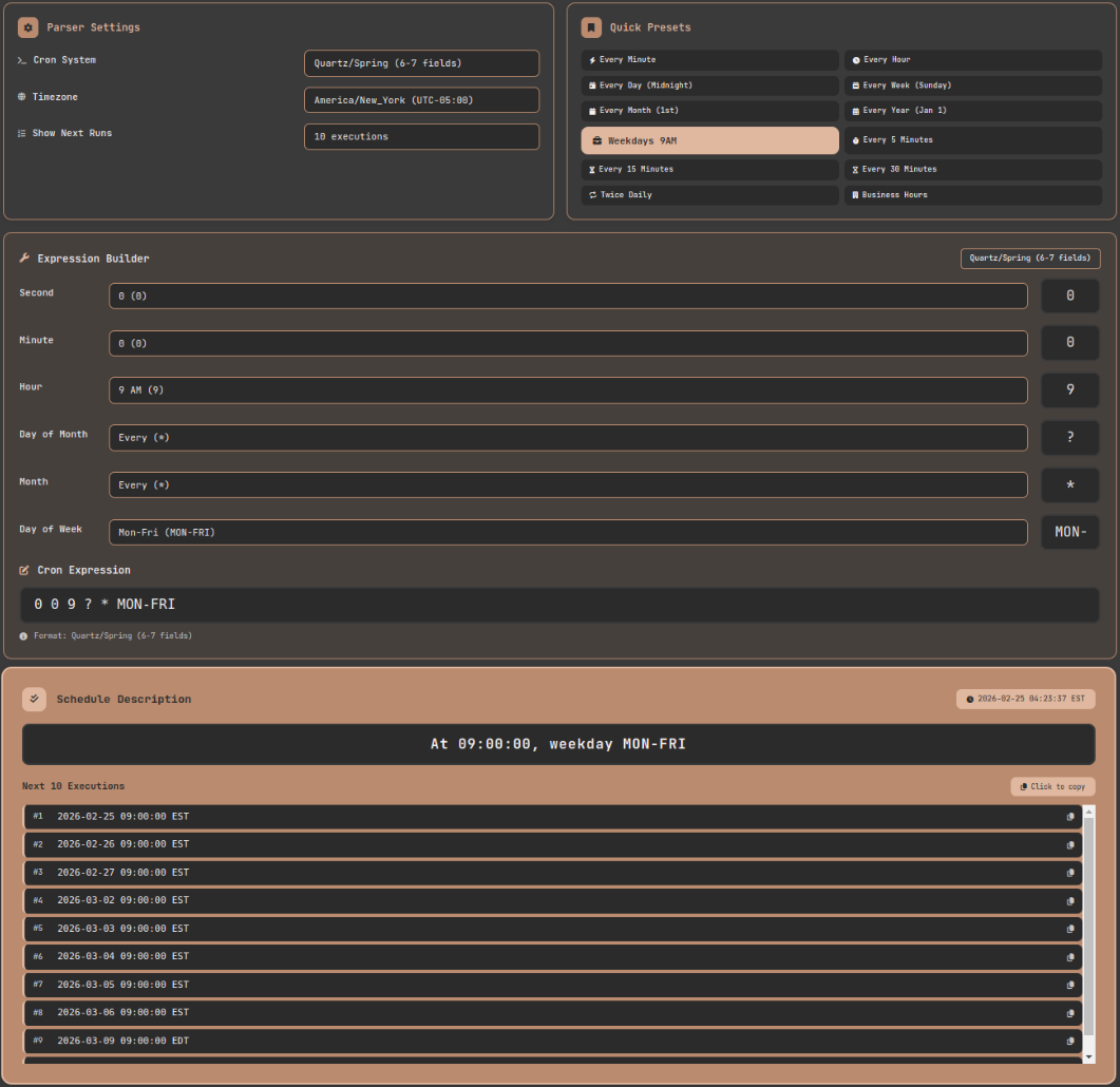 Cron Expression Parser in Quartz mode validating the converted weekday 9 AM schedule