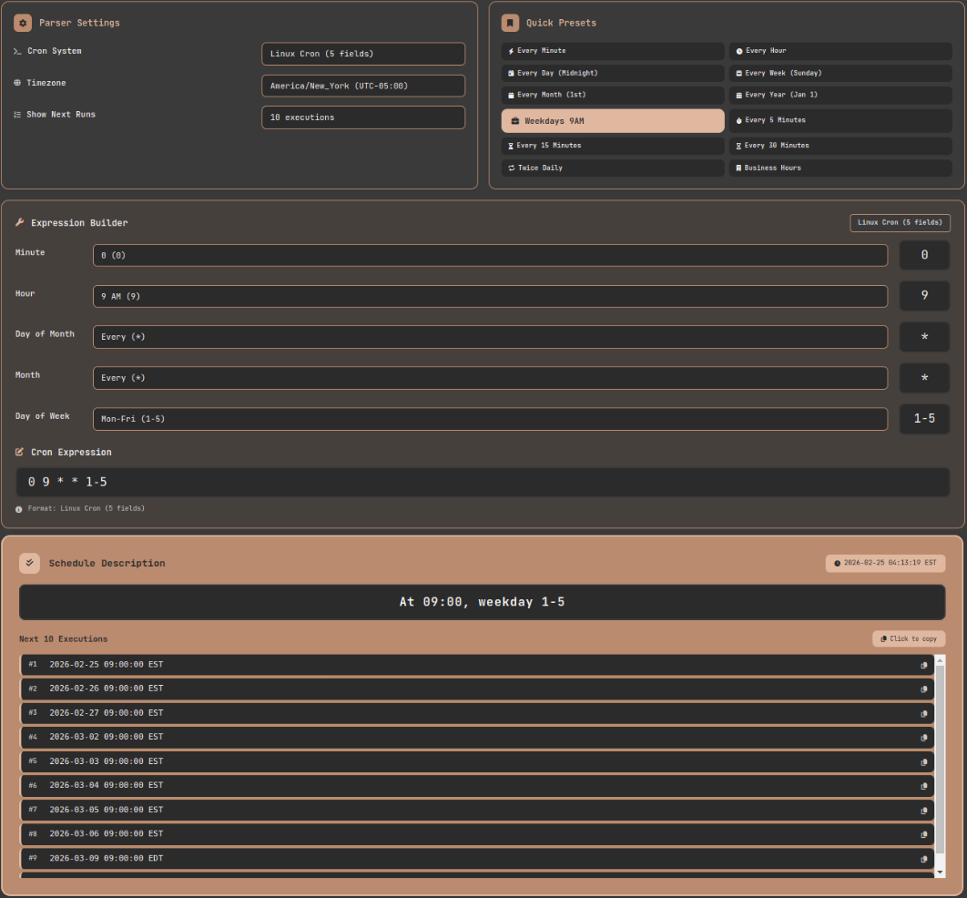 Cron Expression Parser validating the weekday 9 AM schedule (0 9 * * 1-5) with America/New_York timezone