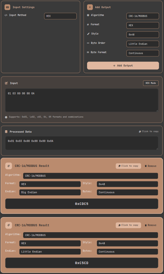 CRC tool screen showing big endian and little endian results side by side for the same input