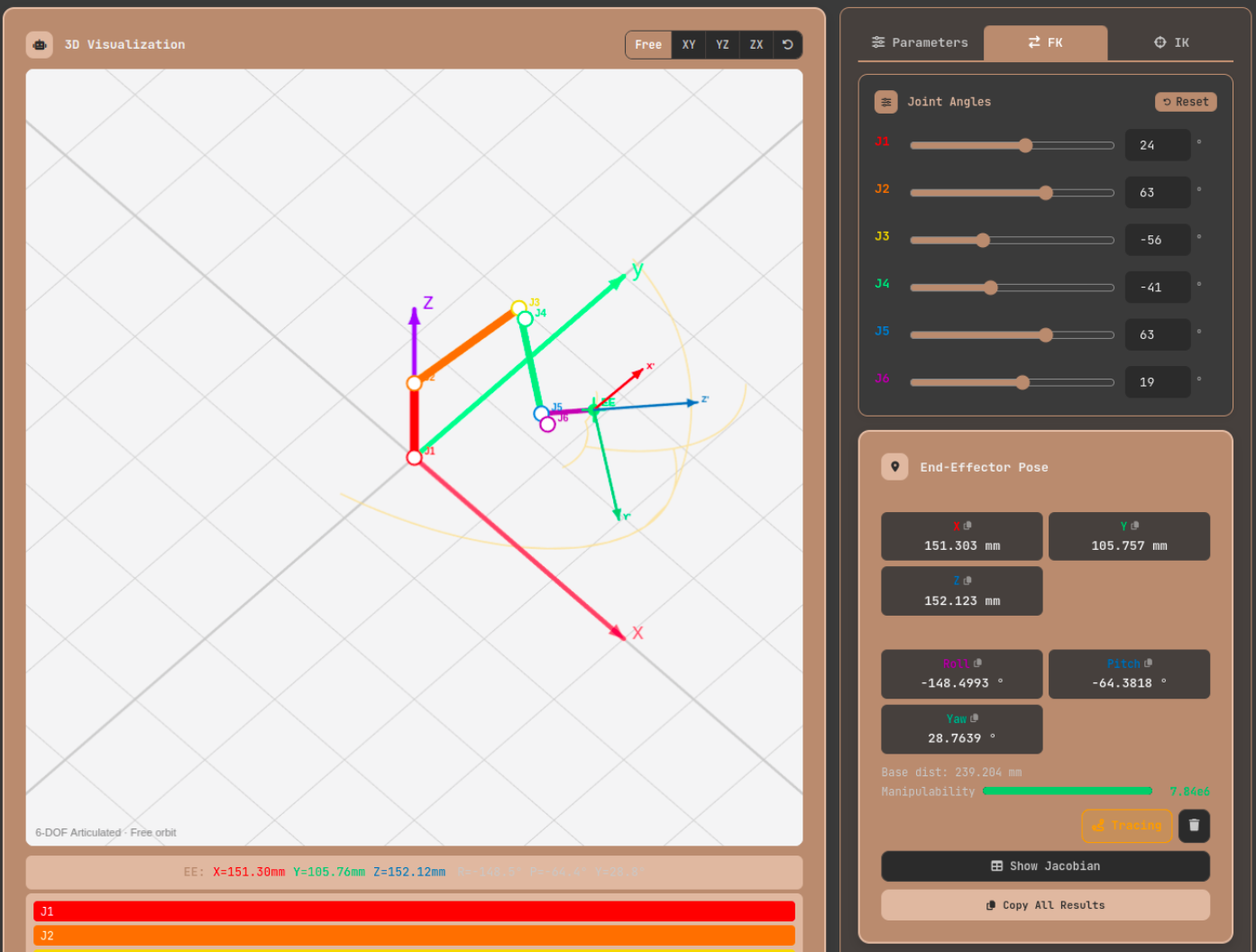 Screenshot of the FK tab in the Robot Arm FK/IK Calculator. Left panel shows J1–J6 sliders with angle input fields. The right 3D canvas displays the robot arm and a blue dashed Path Trace trail.