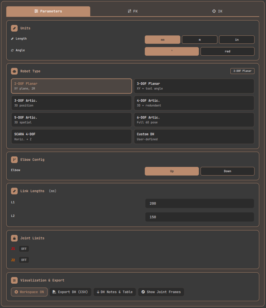 Screenshot of the Parameters tab in the Robot Arm FK/IK Calculator. Shows a robot type dropdown, link length input fields, unit selection toggle, and a Joint Limits configuration panel.