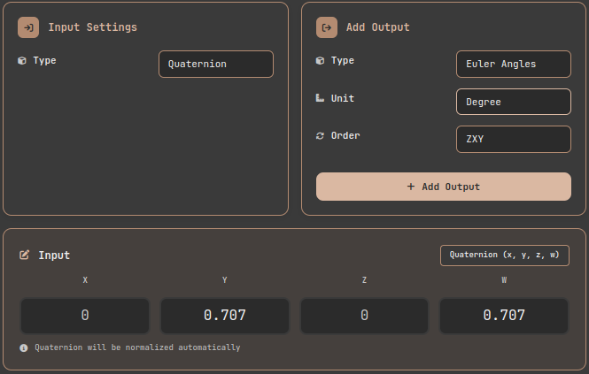 3D Rotation Converter tool interface showing input settings and input fields