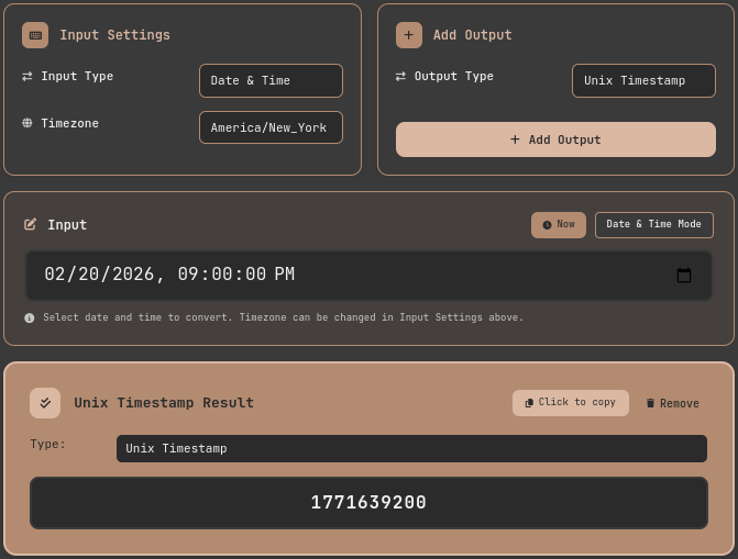 Screenshot of the Unix Timestamp Converter tool showing Date and Time input mode. The Input Settings panel shows Date and Time selected as input type with America/New_York timezone. The datetime-local input control displays 02/20/2026, 09:00:00 PM. The result panel below shows the Unix Timestamp output as 1771639200, with a click-to-copy interaction hint. A Now button is visible at the top right of the input section for quickly inserting the current time.