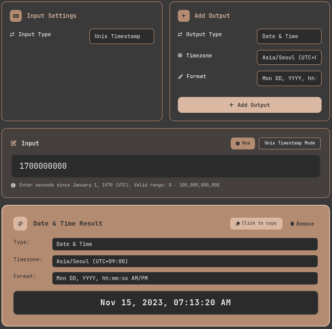 Screenshot of the Unix Timestamp Converter tool showing the conversion of timestamp 1700000000 to a human-readable date. The Input section shows Unix Timestamp mode selected with the value 1700000000 entered. The Add Output panel on the right shows Date and Time selected as output type, with Asia/Seoul timezone and the Mon DD YYYY format chosen. The result panel at the bottom displays Nov 15, 2023, 07:13:20 AM as the converted output, with a click-to-copy hint visible.
